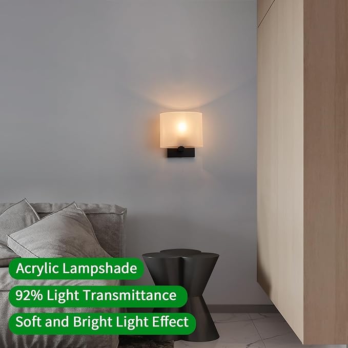 Hardwired Wall Sconces Set of 2, Modern Acrylic Shade Wall Light Fixture, Black Walls Mounted Lamp with Ceramic Lamp Holder, Classic E26 Bulb Walls Lighting for Bedroom, Hallway 【No Bulb Included】