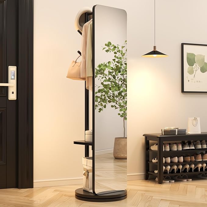 70"x19"Full Length Mirror with Stand,Coat Rack with Mirror,Solid Wood Floor Mirror,Swivel Mirrorfor Bedroom, Living Room, Cloakroom