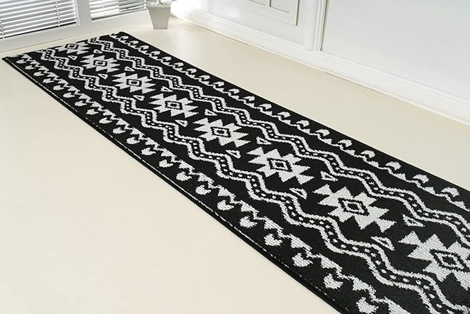 Custom Length Cut to Size Tribal Ethnic Southwestern Inspired Hallway Runner Rug, Non Slip Rubber Backed, 31 inch Wide X Customized Length, Aztec Black, 31 inch X 14 feet