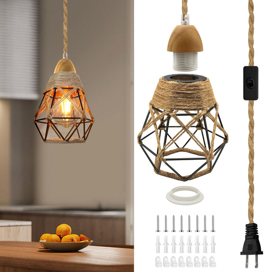 Industrial Hemp Rope Pendant Light Fittings, 16.7FT Vintage Pendant Light Cord Kit with 14x16 cm Metal Lampshade, Rustic Hanging Lights with Plug in Cord, E26 E27 Light Socket, for Living Room