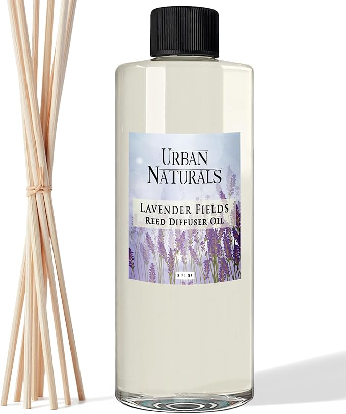 Urban Naturals Reed Diffuser Oil Refill Lavender Fields with Geranium, Clary Sage, Soft Florals 8 oz + Free Reed Sticks, Made in the USA