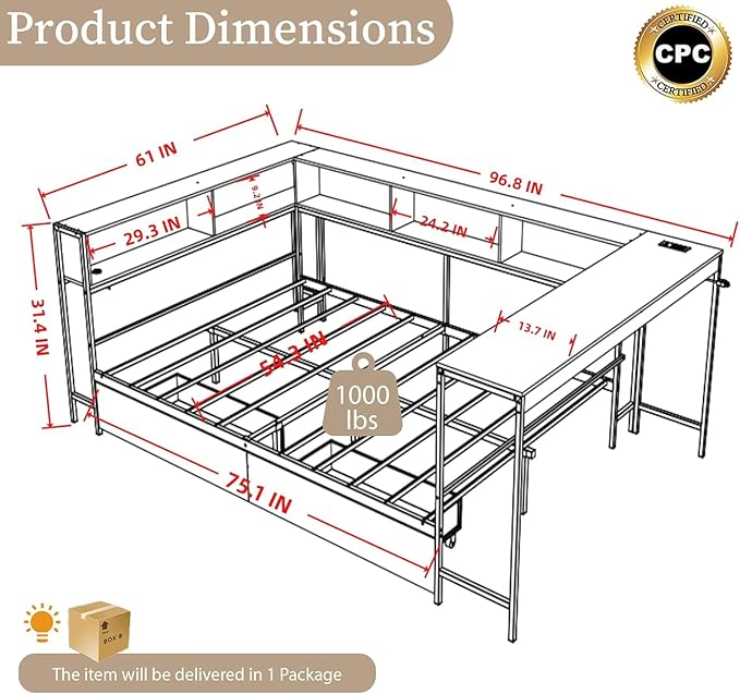 Full Corner Bed Frame with Desk and Storage Bookcase, L- Shaped Daybed with 2 Drawers, LED Lights & 2 Charging Station, Modern Metal Full Size Platform Bed for Kids/Teen Bedroom, Brown