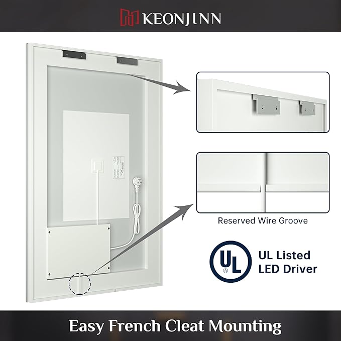 Keonjinn 48 x 40 Inch LED Bathroom Mirror with Lights, Large Wall Mounted Vanity Mirror, UL Listed LED Driver, HD Tempered Glass, Easy Installation, Anti-Fog, Memory Dimmable 6000K, CRI 90+