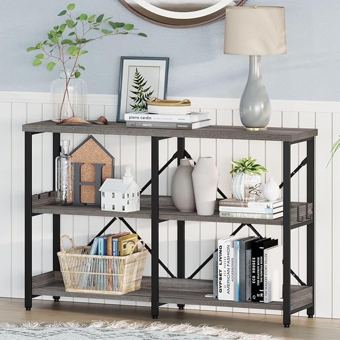 BON AUGURE Entry Table, 47 Inch Console Tables for Entryway, Narrow Couch Table Behind Sofa for Living Room, Wood 3 Tier Shelves Organization Tables for Foyer, Hallway (Dark Grey Oak)