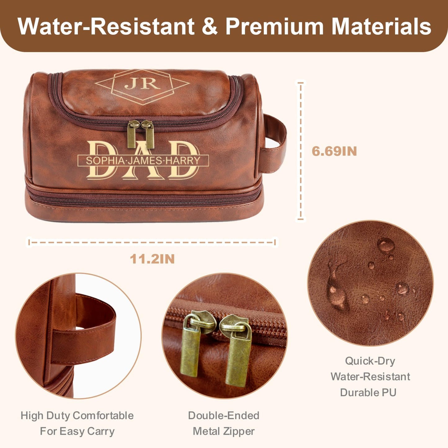 Personalized Toiletry Bag for Men, Engraved Name & Text, Father's Day Gifts for Men, Dad, Leather Men's Toiletry Bag for Traveling, Customized Birthday Gift for Husband, Grandpa, Lover