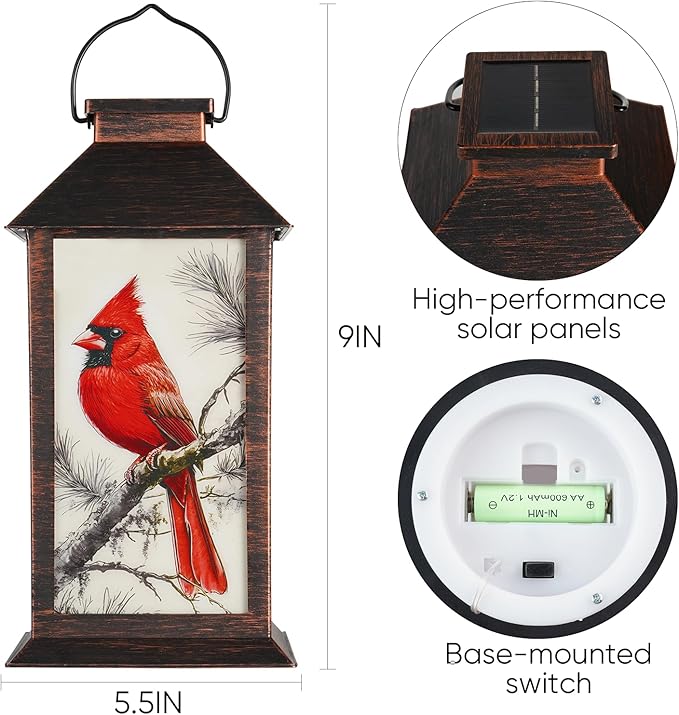 Homemory Hanging Solar Lanterns Outdoor Waterproof, Solar Cardinal Lights with LED Flickering Flameless Candles, Gifts for Women Mom, Outside Lantern Decoration Garden Yard Patio Lawn Porches Park