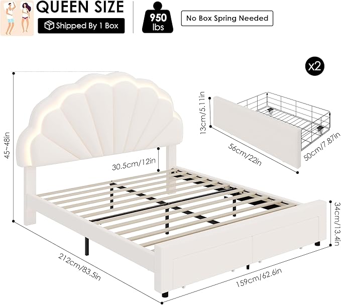HIFIT Queen Upholstered Smart LED Bed Frame with Storage Drawers & Adjustable Chic Double Petal Headboard, Velvet Princess Platform Bed with Solid Wood Slat/No Box Spring Needed/Easy Assembly, Beige