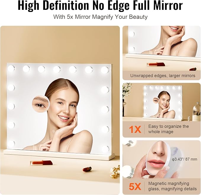 VEVOR Hollywood Vanity Mirror with Lights,15 Dimmable Bulbs &3 Color Lighting Modes, Makeup Mirror w/Detachable 5X Magnification,USB Port,Smart Touch Control,Desktop Wall-Mount(22.8x18.1 in, White)