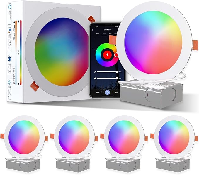 ORALUCE Smart Recessed Lighting 6 Inch, WiFi＆Bluetooth Color Changing Retrofit LED Can Lights, 13W 1050LM RGBCW 2700-6500K Ultra-Thin Wafer Lights Compatible with Alexa/Google Assistant, 4Pack