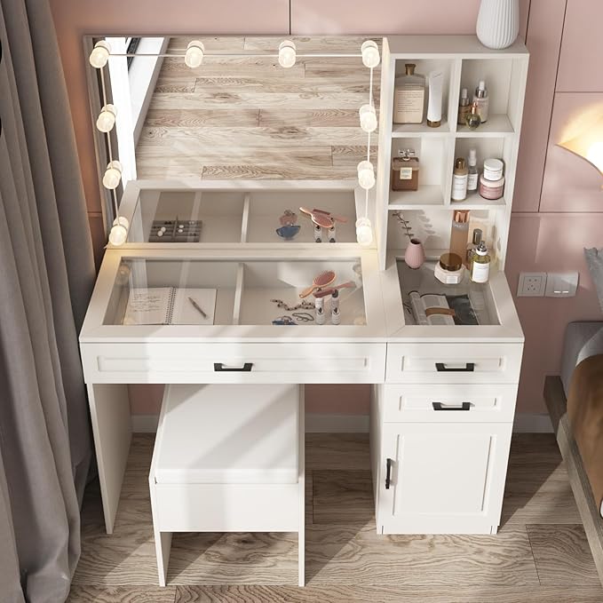 Fameill White Vanity Desk with Mirror and Lights,Glass Top Vanity Table with 3 Drawers and Cabinets,Large HD Mirror Makeup Desk,3 Lighting Modes, Brightness Adjustable,45 in(L)