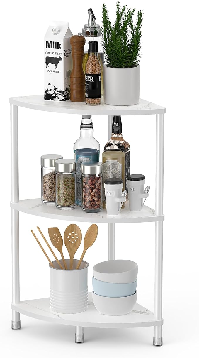 3 Tier Corner Shelf Stand, 23.2" Kitchen Shelf Organizer with Metal Frame for Organization & Storage, Marble White Corner Shelf for Kitchen Decor Accessories