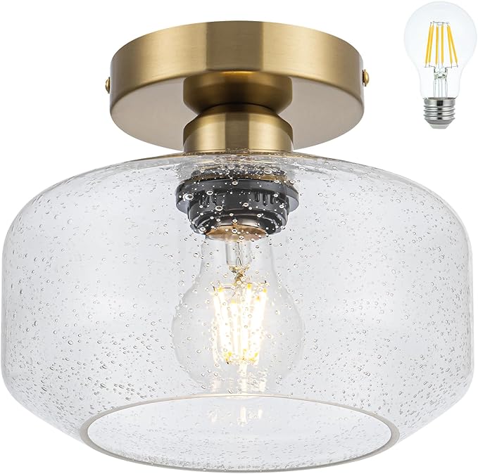 Tbaoinal Semi Flush Mount Ceiling Light Seeded Clear Glass Shade Matal Base, Inclede 900 LM LED Bulb, Low-Profile for Kitchen/Hallway/Entryway/Bathroom,Bronze Color