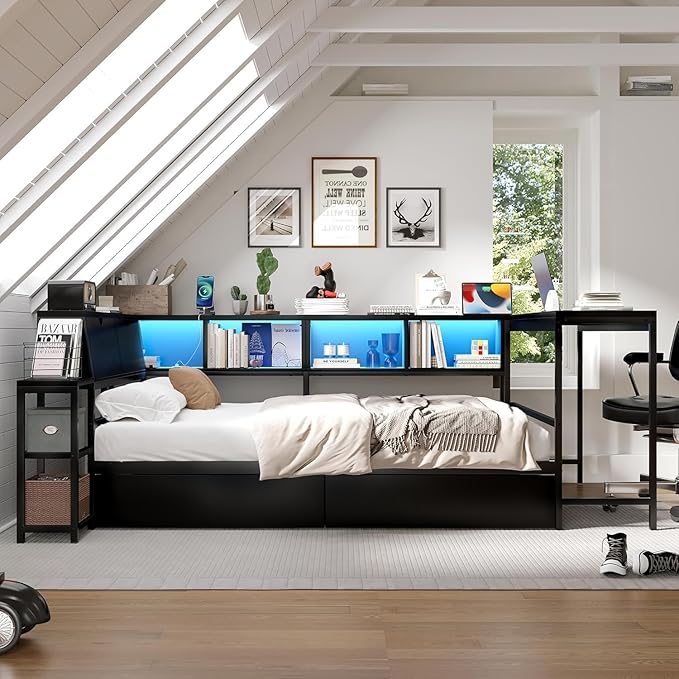 Twin Corner Bed Frame with Desk, LED Lights & Charging Ports, L-Shaped Daybed with Storage Drawers, Bookcase & Open Shelves, Modern Twin Size Daybed for Kids, Teens & Compact Bedrooms,Black