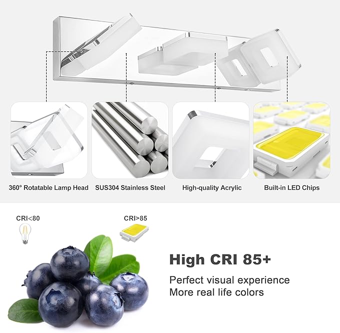 3 Colors Dimmable Bathroom Light Fixtures Over Mirror, LED Chrome Vanity Lights, Acrylic Stainless Steel 3 Light Bathroom Vanity Light, Adjustable 3000K/4000K/6000K, 360° Rotate