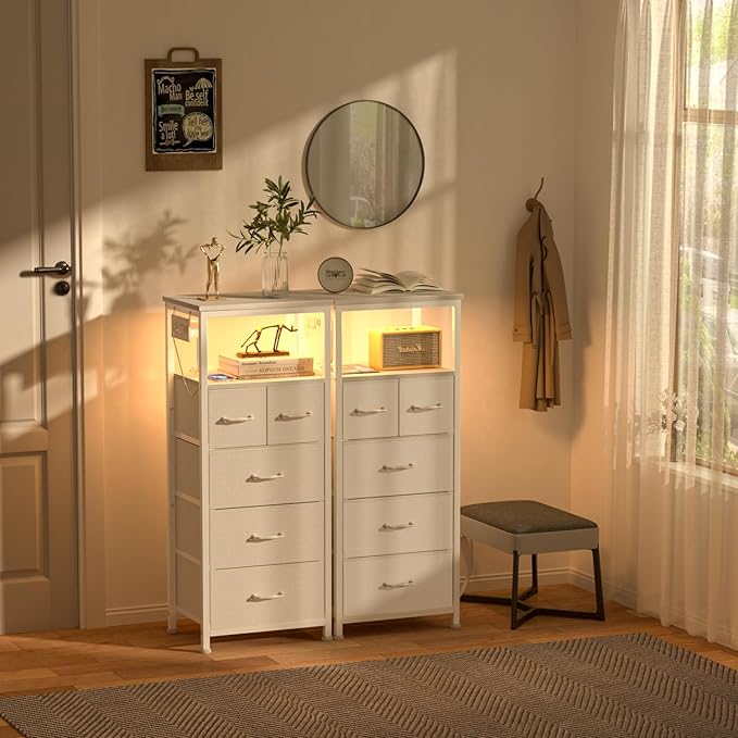 Furnulem Dresser for Bedroom, Tall Nightstand, Vertical Chest with Wood Top, Charging Station, LED Lights, 5 Fabric Bins, Bedside Table with Shelf, Furniture for Entryway (5 Drawer, White)