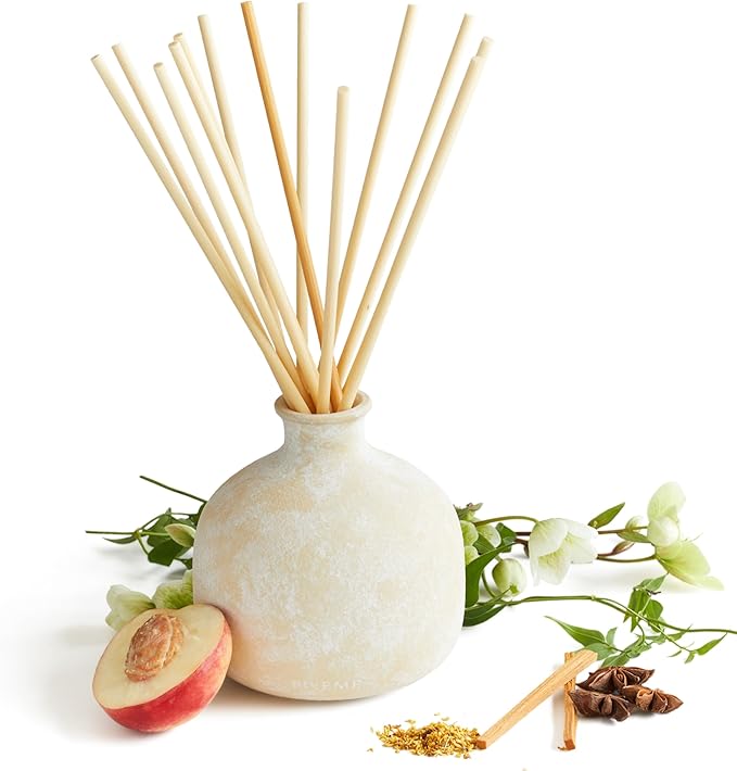 Blueme Calm Diffuser | Osmanthus & Sandalwood | 16.91 Fl Oz - Refillable Wellness Diffuser, Contains Essential Oil, Sustainable, Hand Finished, Premium, Luxury Ceramic, Natural Rattan Reeds | Large