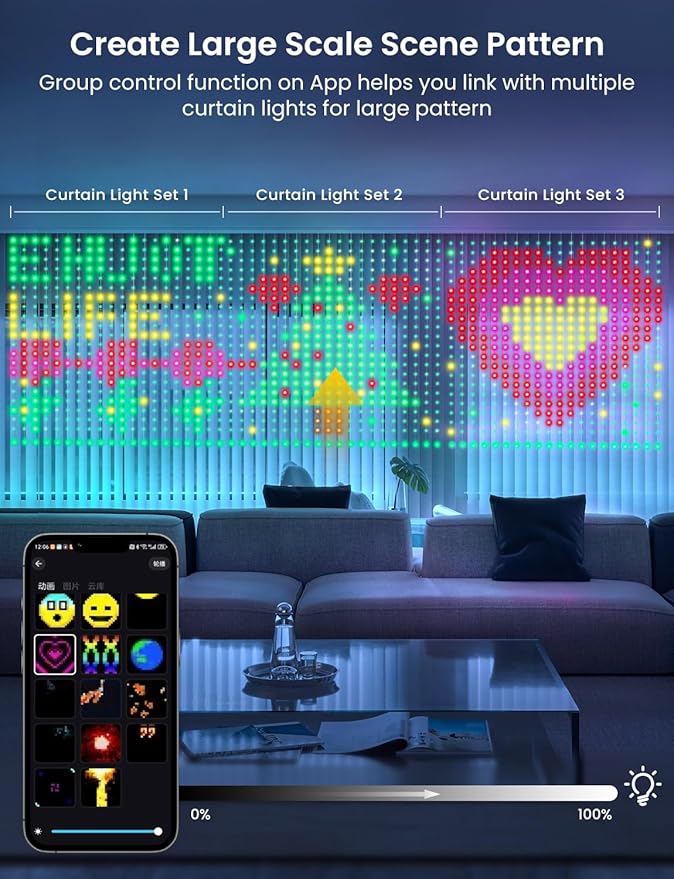 Smart LED Curtain Lights, 400 LEDs RGB+IC Color Changing Wall Lights, 6.6x6.6ft Indoor Dynamic DIY Pattern LED String Lights, APP Remote Control, For Bedroom, Living Room, Window Decor, Party, Wedding