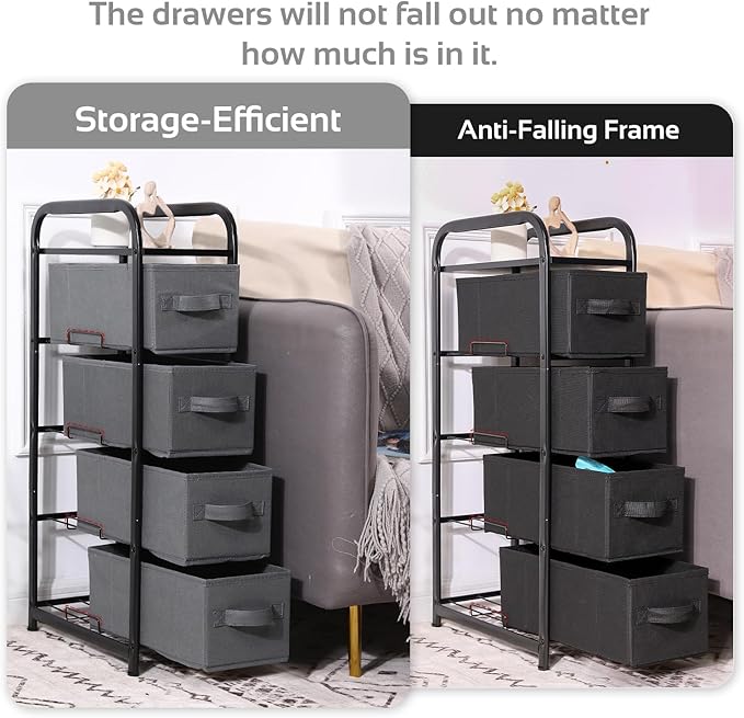 MAX Houser 4 Drawer Narrow Dresser Fabric Storage Tower Vertical Slim Storage Chest Organizer Nightstand Side/End Table Small Standing Organizer Removable Drawers Wood Top for Bedroom, Bathroom（Grey