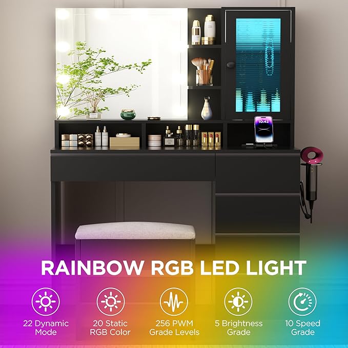 Vanity Desk with LED Lights Mirror, 35.43" Modern Makeup Table with 6 Storage Drawers & Stool for Ladies and Girls, RGB Light Makeup Desk with Power Outlet for Bedroom Dressing Room, Black