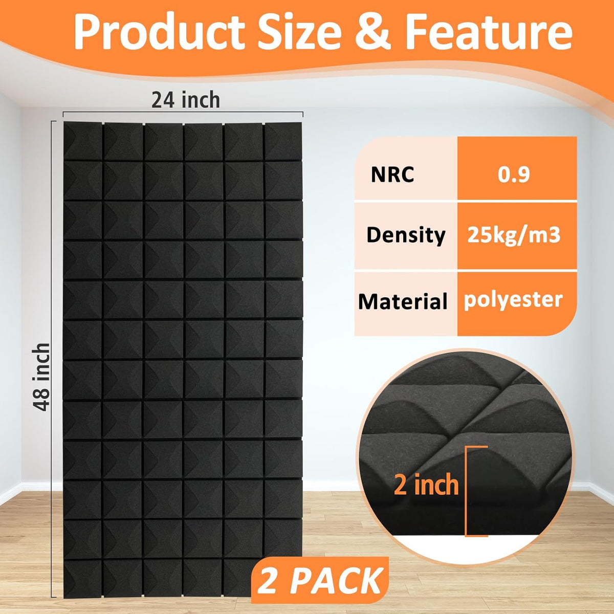 2 Pack Acoustic Panels 48"x24"x2" Sound Proof Foam Panels, High Density and Fire Resistant Sound Panels, Studio Foam for Wall and Ceiling - Home Studio, Office (2 Pack Black, 48X24X2 Inch)