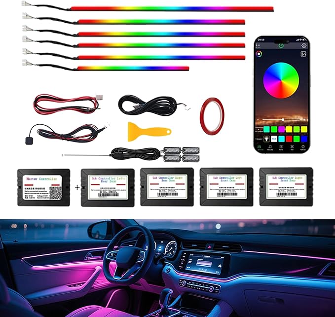 RGB 10 in 1 Interior Car LED Strip Light with Wireless APP,16 Million Interior Lights Car Dreamcolor Acrylic Ambient Lighting 600 LED Music Sync Neon Lights Kits (10 in 1 Set + App Control)