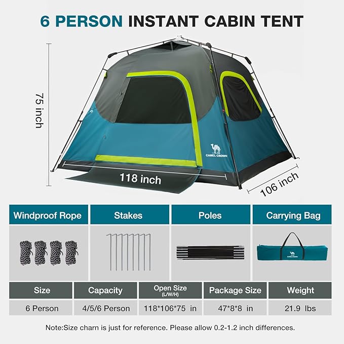 CAMEL CROWN Instant Tents for Camping 4-6 Person Tent Waterproof Easy Setup Sets Up in 60 Seconds Backpacking Tents with Carry Bag for Outdoor Hiking