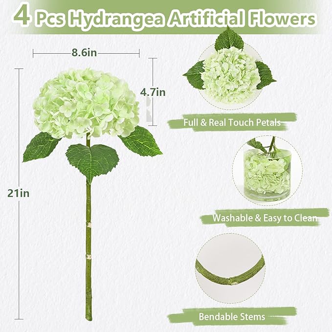 4 Pcs Real Touch Hydrangea Artificial Flowers, 21" Light Green Full Faux Hydrangea Flowers Latex Fake Flowers for Home Decor Party Floral Arrangements Wedding Bouquets Centerpieces Outdoor Decor