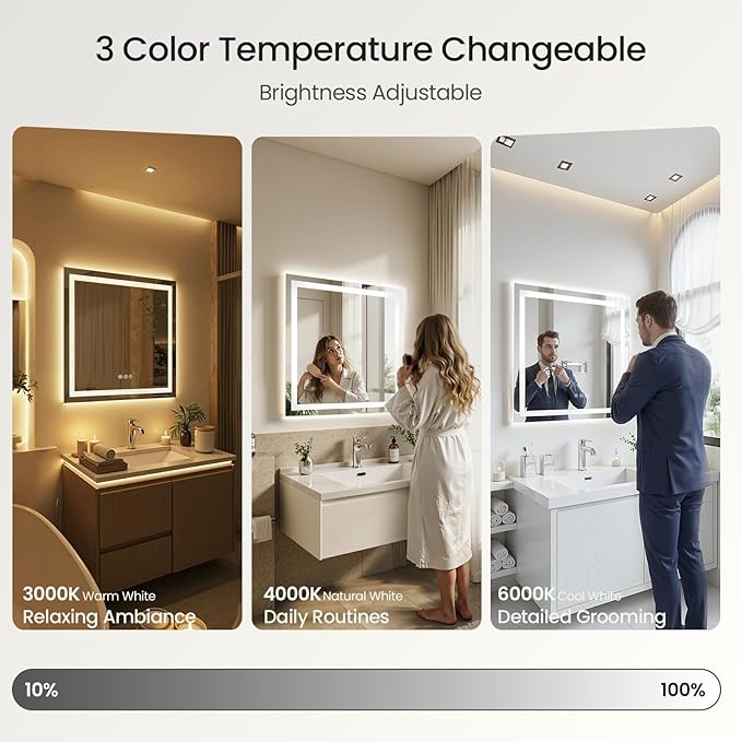 48X36 LED Bathroom Mirror with Lights, Anti-Fog, Dimmable - Lighted Bathroom Vanity Mirror with Front & Back Light, 3 Color Temperatures, Memory Function, Tempered Glass (Horizontal/Vertical)