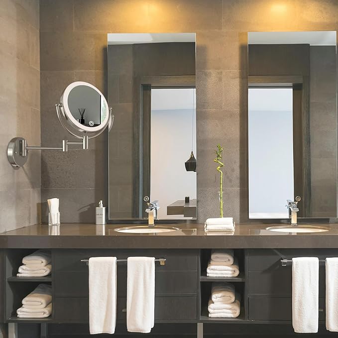 8" Rechargeable Lighted Wall Mounted Makeup Mirror with Magnification, Double-Sided 1X/10X Magnifying Foldable Touch Control 360 Swivel Extendable Arm for Bathroom, Brushed Nickel