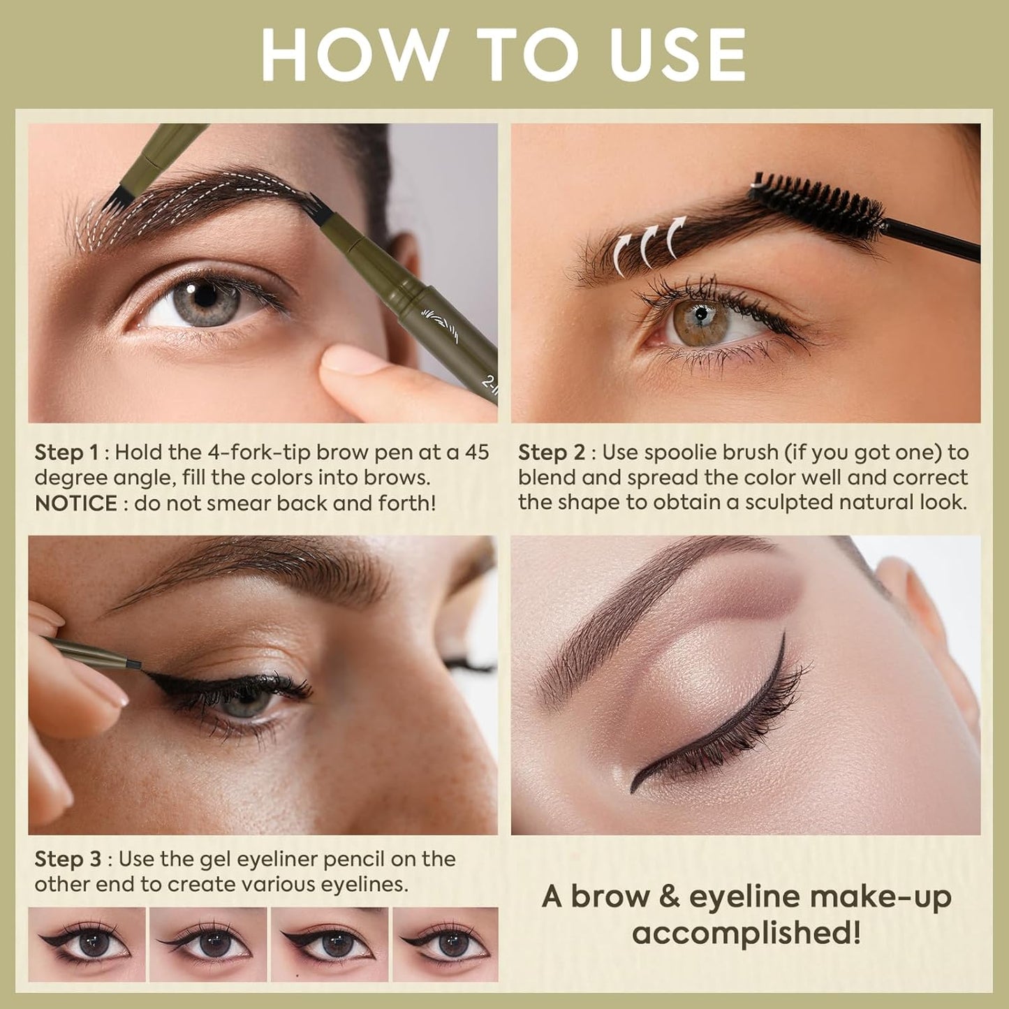 UCANBE Eyebrow Pen, Dual-Ended Eyebrow Pencil with 4-Fork-Tip & Gel Eyeliner for Women, Eye Brow Pen with Gel Eyeliner Pencil, Microblading Eyebrow Pencils with Hair Like Strokes, Classic Brown