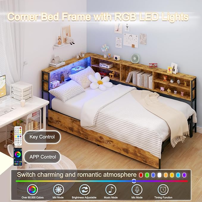 Corner Bed Frame Twin with Storage, L Shaped Daybed for Kids, Twin Corner Bed with Drawers, Shelves, RGB LED Lights & Charging Station, Sturdy Metal Kids Twin Bed for Girls Boys,Brown