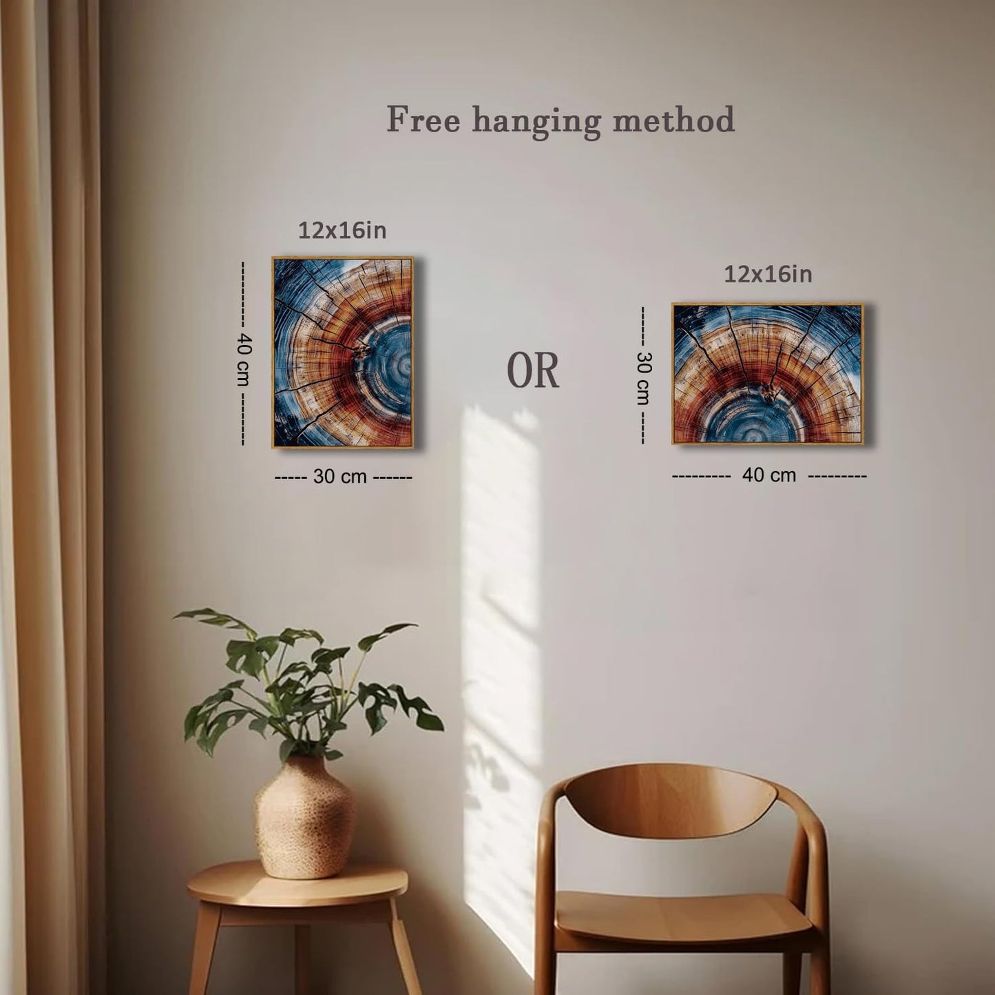 BingruiArt Framed Tree Ring Wall Art Blue and Red Boho Wall Decor Nature Print Wood Canvas Rustic Artwork Abstract Painting Modern Picture for Living Room Bedroom Bathroom 12"x16"" Natural Framed(01)"