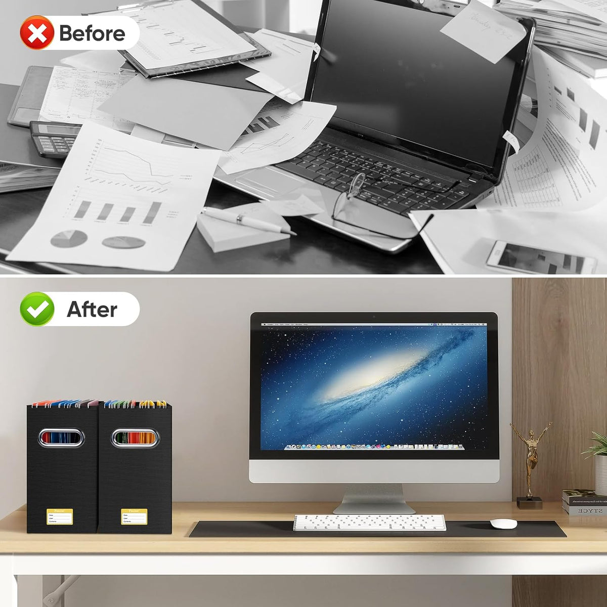 BALEINE File Organizer Box, Cardboard File Folder Organizer with Handle for Letter Size, Portable Collapsible Hanging Filing Box for Home Office Document Storage (4 Pack, Black)