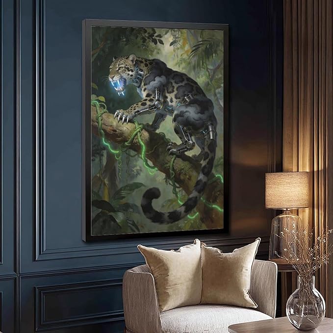 Framed Steampunk Mechanical Leopard Wall Art - Jungle Futuristic Beast Poster for Man Cave Living Room Decor 20x30in