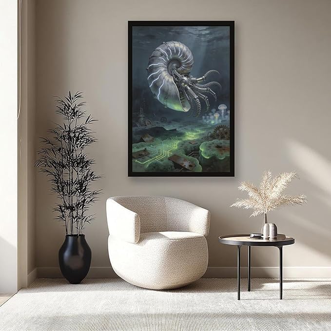 Framed Steampunk Mechanical Nautilus Wall Art - Underwater Industrial Poster for Man Cave Studio Decor 12x18in