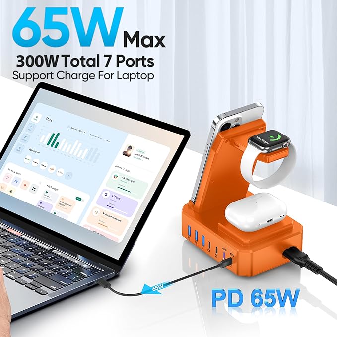 300W Charging Station for Multiple Devices Apple, Zutspzss 10 in 1 Wireless Charger for iPhone 16, GaN III USB C 65W PD Fast Charging Stand Dock for MacBook, Apple Watch&Airpods,Orange