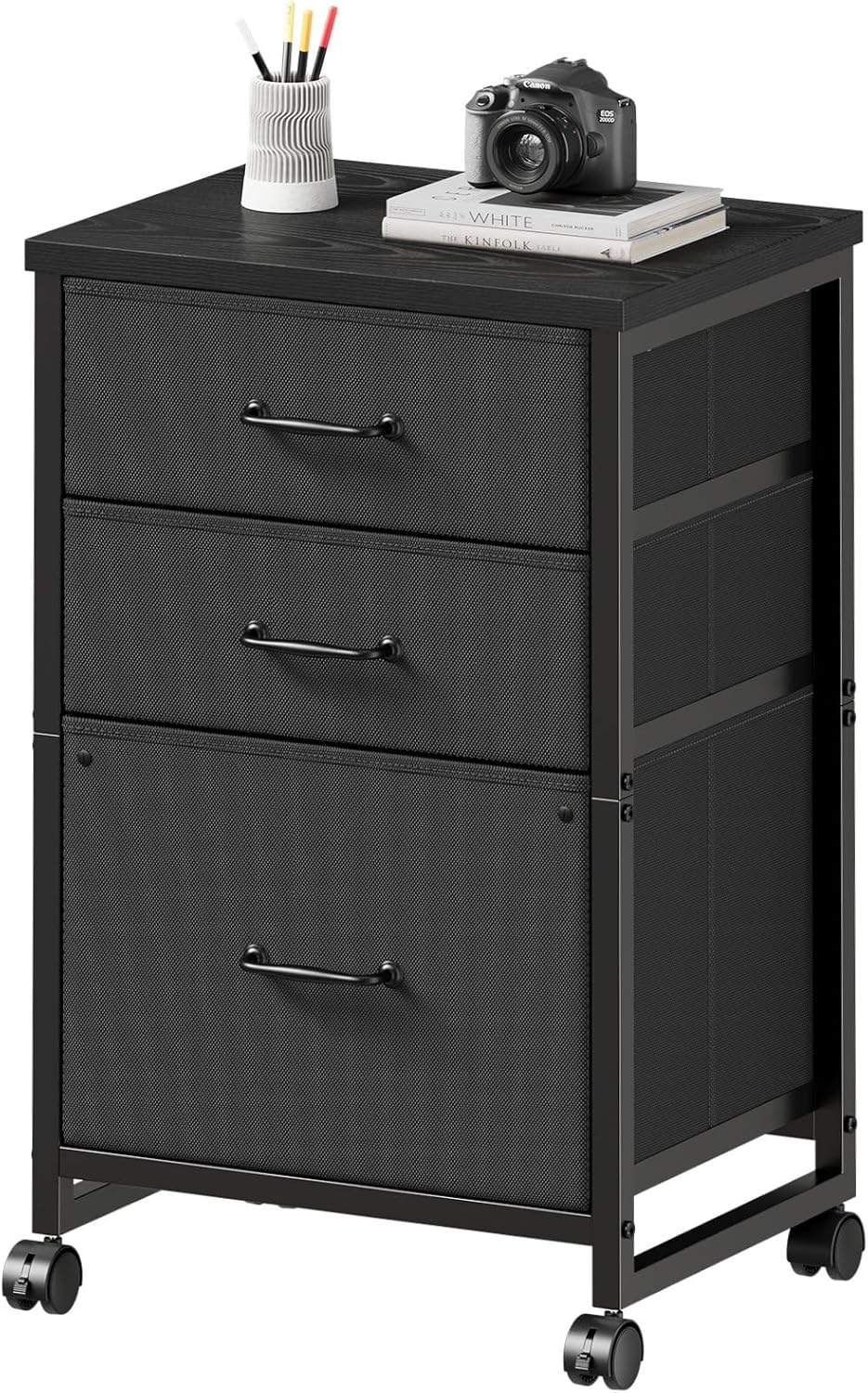 3 Drawer Mobile File Cabinet with Wheels Fabric Vertical Filing Cabinet fits A4 or Letter Size for Home Office,Black