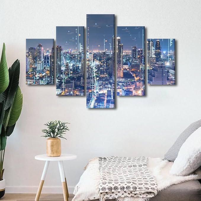 Advanced City Canvas Poster Modern Home Decoration Communication Workers Office Decor Student Bedroom Wall Art Decorate 5 Panel Sense of Technology Poster Frame and Stretched Ready to Hang 60x40 Inch