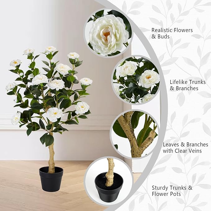 3FT Artificial Camellia Tree, 1 Pcs Fake Camellia Tree Artificial Tree, Faux Floral Plants in Cement Pot, Greenery Potted Plant for Indoor Outdoor Home Office Porch Decor (White)
