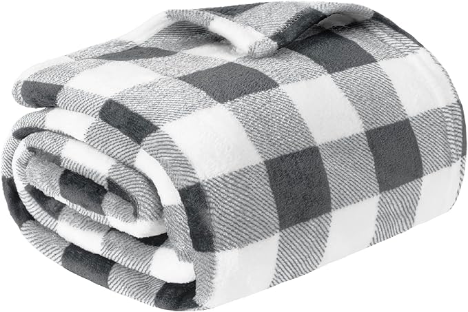 PAVILIA Light Grey Buffalo Plaid Throw Blanket for Couch, Soft Checkered Flannel Fleece Blanket for Sofa, Grey White Plaid Decorative Couch Throw, Warm Cozy All Season Fall Blanket Decor Gift, 50x60