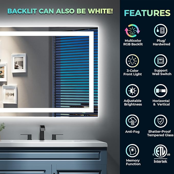 84x40 Inch RGB LED Bathroom Mirror Front Light and RGB Backlit Lighted Vanity Mirror for Bathroom Wall Mounted Dimmable Anti Fog Memory Shatter-Proof IP54 Waterproof Horizontal/Vertical