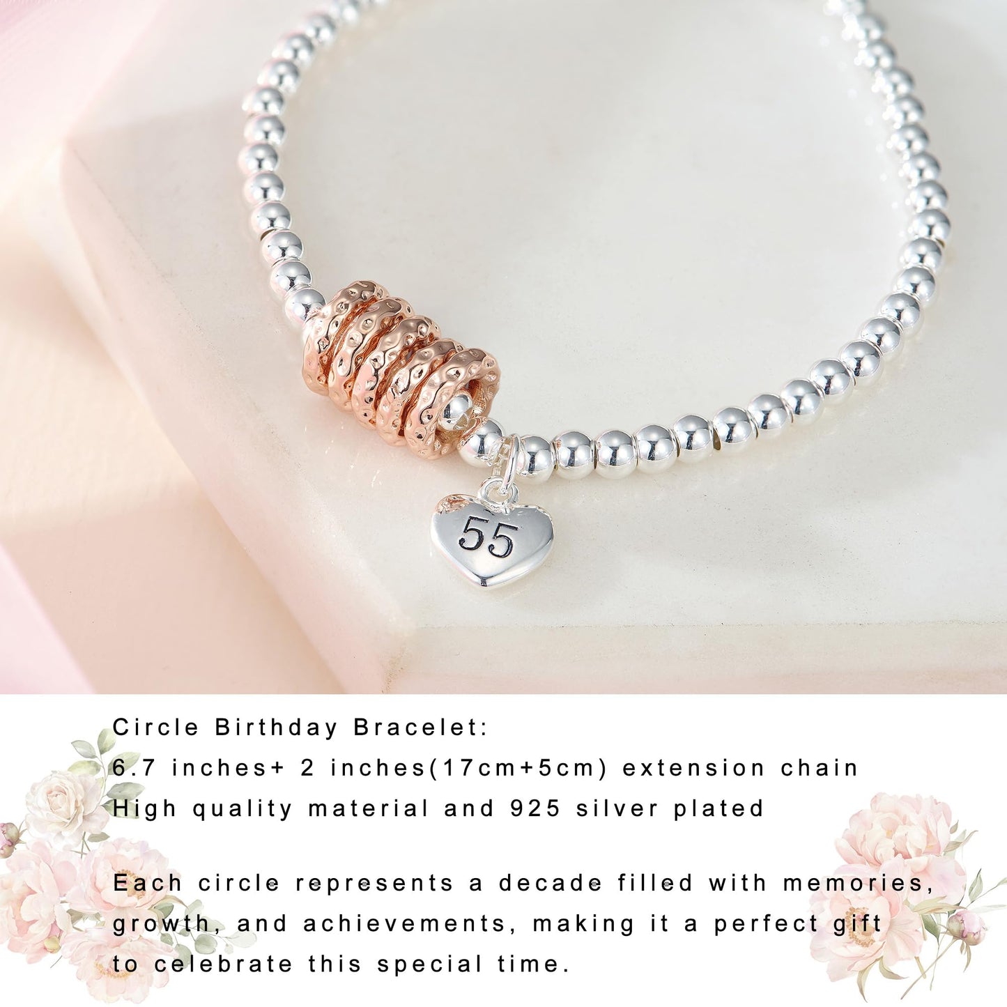 FENNELISA 55th Birthday Gift for Women,Adjustable Silver Bracelet for Women Sterling Silver Bracelet 55th Birthday Presents Gifts Ideas with Cards for Mum Sister Grandma