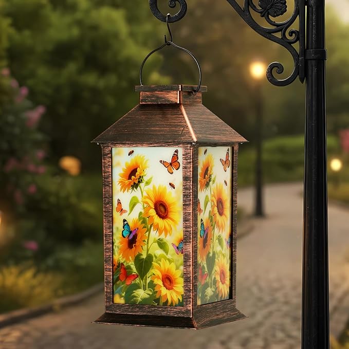 Homemory Hanging Solar Lanterns Outdoor Waterproof, Solar Sunflower Lights with LED Flickering Flameless Candles, Gifts for Women Mom, Outside Lantern Decoration Garden Yard Patio Lawn Porches Park
