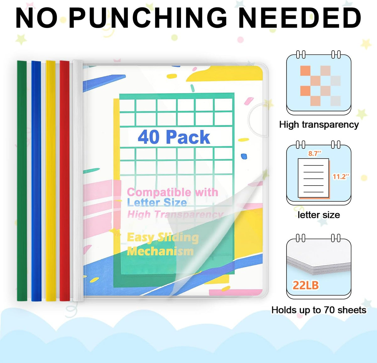 TOTiyea 40 Pack Clear Report Covers with Sliding Bars, 9mm (70 Sheet Capacity) Colorful Sliding Bar File Folders, for Letter Size