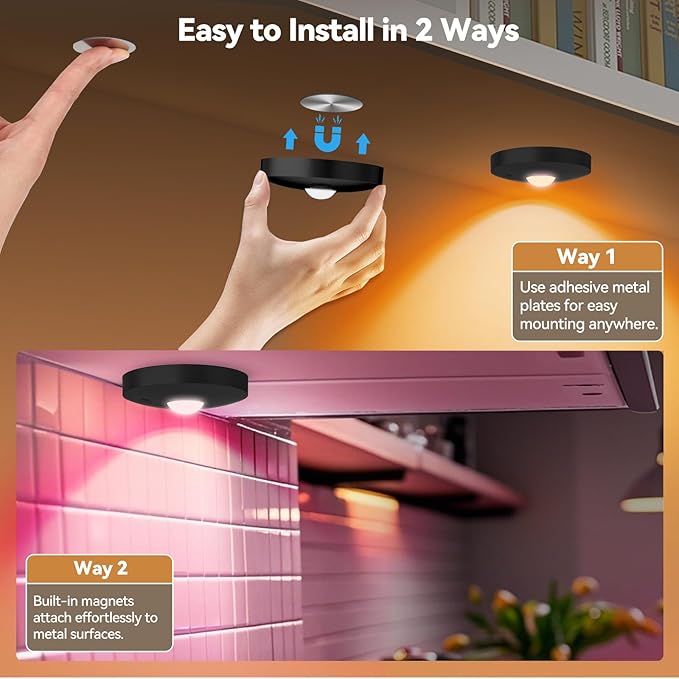 Rechargeable Puck Lights with Remote, 6 Pack Magnetic Under Cabinet Lighting, 1500mAh Battery Operated LED Tap Lights with Dimmer & Timmer for Kitchen, Closet, Shelf - 3 Color Temps & 12 RGB, Black