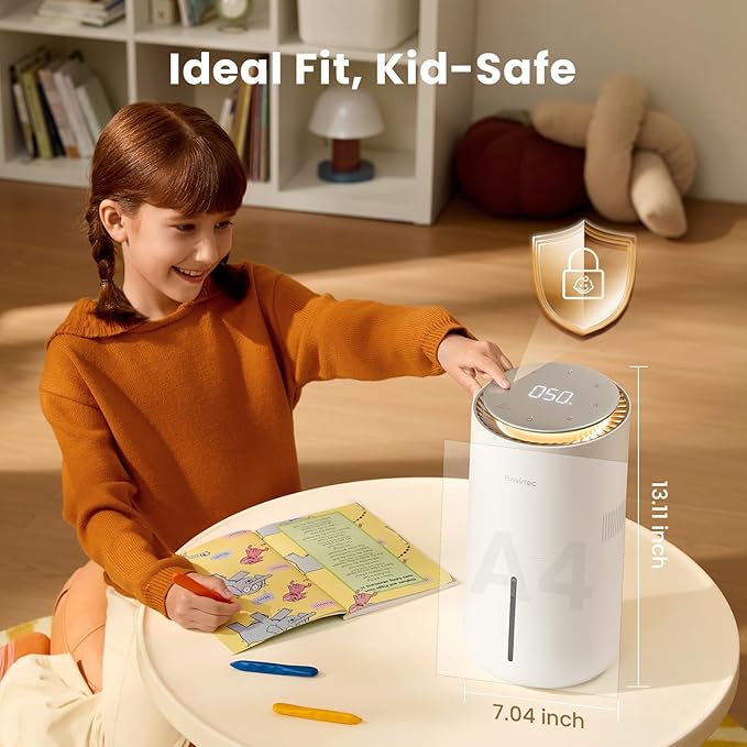 MistFree Evaporative Humidifier for Bedroom, 3L No White Dust for Sensitive Individuals, Auto Humidity Control, Works with Tap Water, Night Light, Easy Clean Tank for Home & Small Room