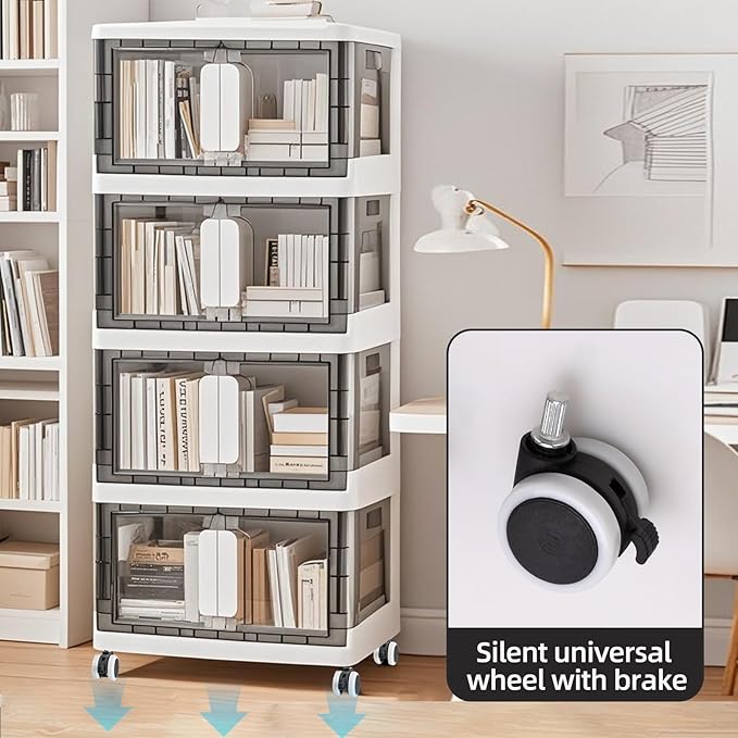 Folding Storage Organizer with Silent casters | Stackable Design for Home & Office, Heavy-Duty Plastic Storage Bin with Clear Door, 3 Sizes (19.5/23.5/27.5in),Black/White (27.6" 1 layer, White)