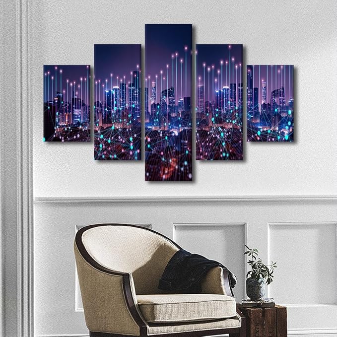 Sense of Technology Wall Art 5 Panel Modern City Poster Line Network Technology Picture Abstract Point Canvas Art Purple Cityscape Poster Native Americans Home Decor Framed Ready to Hang 60x40 Inch