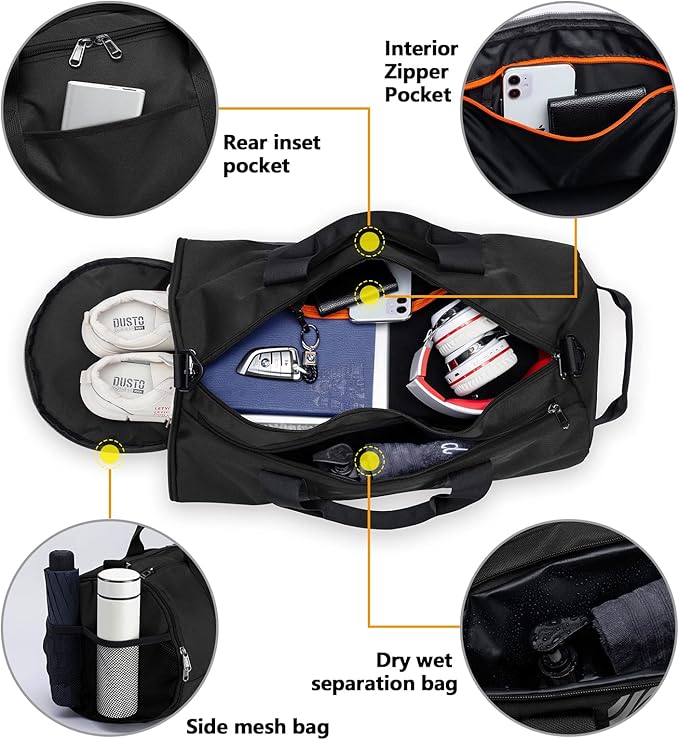 TUGUAN Basketball Gym Bags for Men Women Small Travel Duffle Bag Wet Pocket & Shoes Compartment Overnight Weekender Duffel Bag Sports Gym Tote bag Man 40L, Black