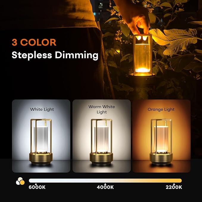 Portable Metal Table Lamp for Indoor/Outdoor ,Rechargeable Cordless LED Lamp, 3-Colour Infinitely Dimming Battery Powered Small Desk Lamp, Restaurant/Bedroom/Bar/Coffee Shop/Camping Light (Gold)
